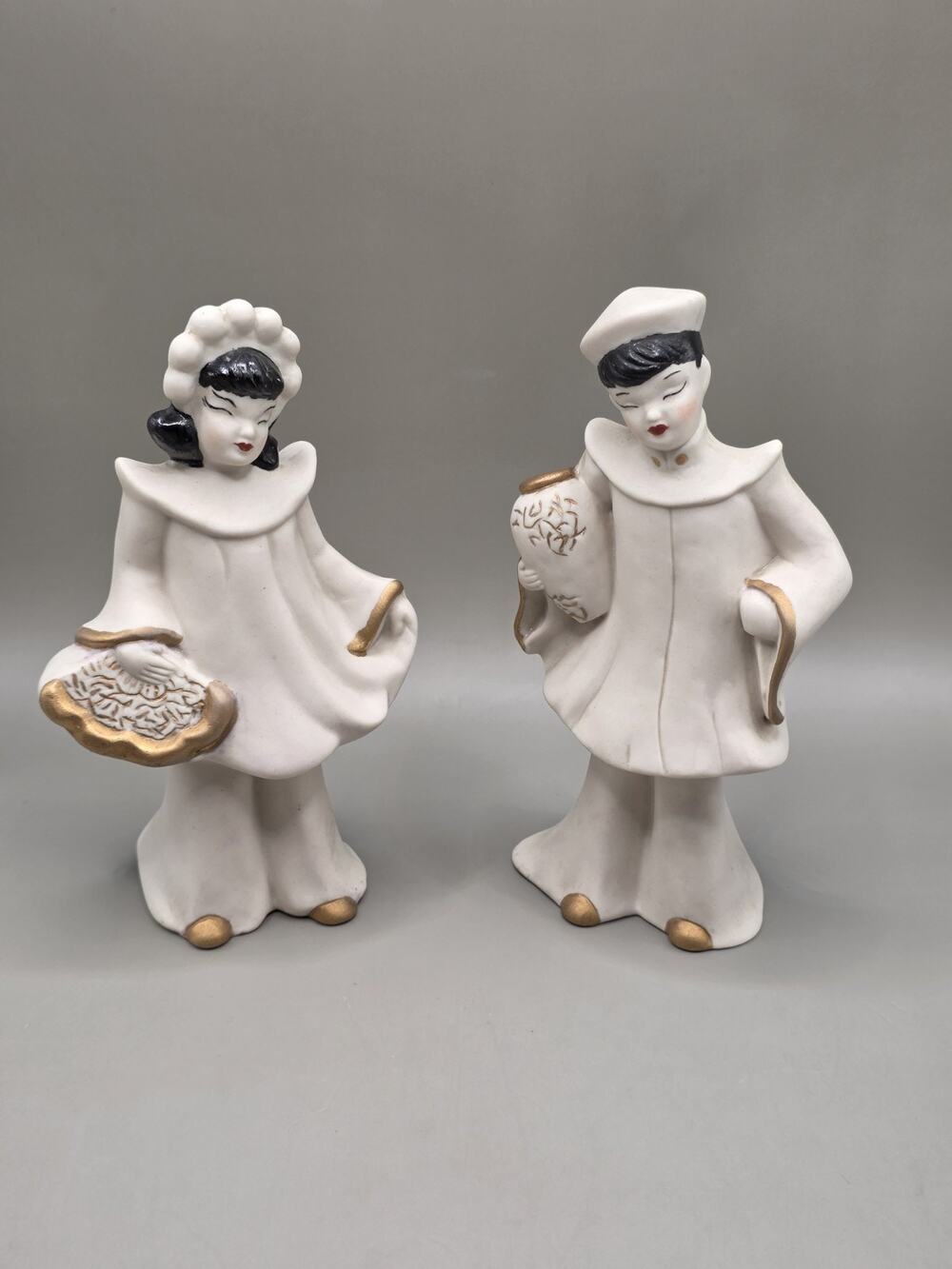 Vintage Pair of Florence Ceramic Asian figurines 8 1/2” Tall Boy & Girl (SP109)